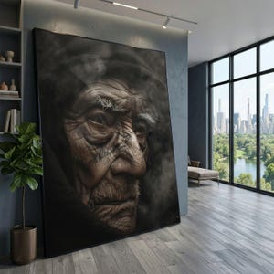 Wise Elder Portrait Canvas, Dramatic Face Close-Up, Expressive Wall Art