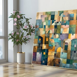 Lienzo abstracto geométrico, decoración de pared moderna con retazos coloridos