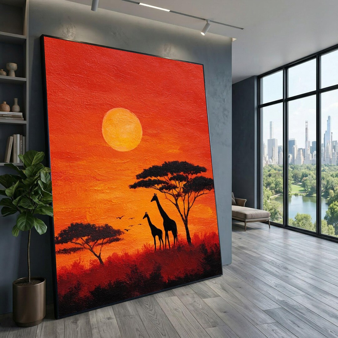 African Sunset Canvas Wall Art, Giraffe Silhouette Painting, Safari ...