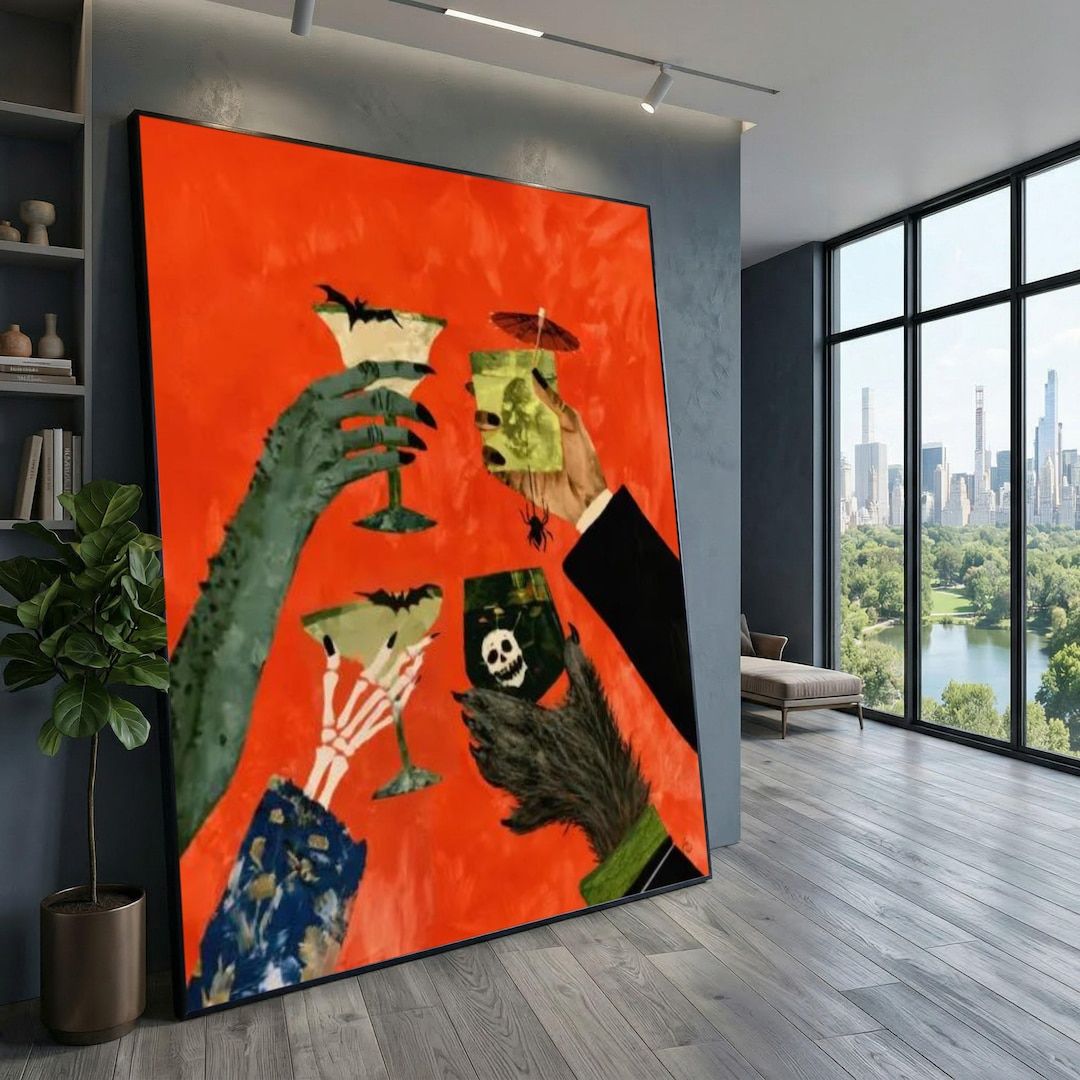 Halloween Themed Cheers Canvas, Spooky Cocktail Glasses Wall Art ...