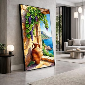 Mediterranean Vineyard Scene Canvas, Rustic Stone Wall Art, Coastal Landscape Painting, Grapevine and Pot Canvas, Scenic Nature Wall Decor