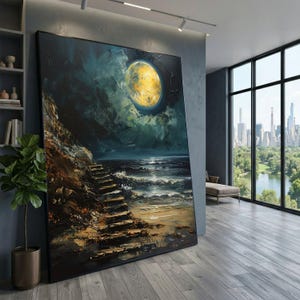 May include: A large rectangular oil painting featuring a bright yellow full moon illuminating a dark, textured night sky above a turbulent ocean. A rocky shoreline with a set of stairs leads down to the water, rendered in deep blues, blacks, and warm golden highlights.