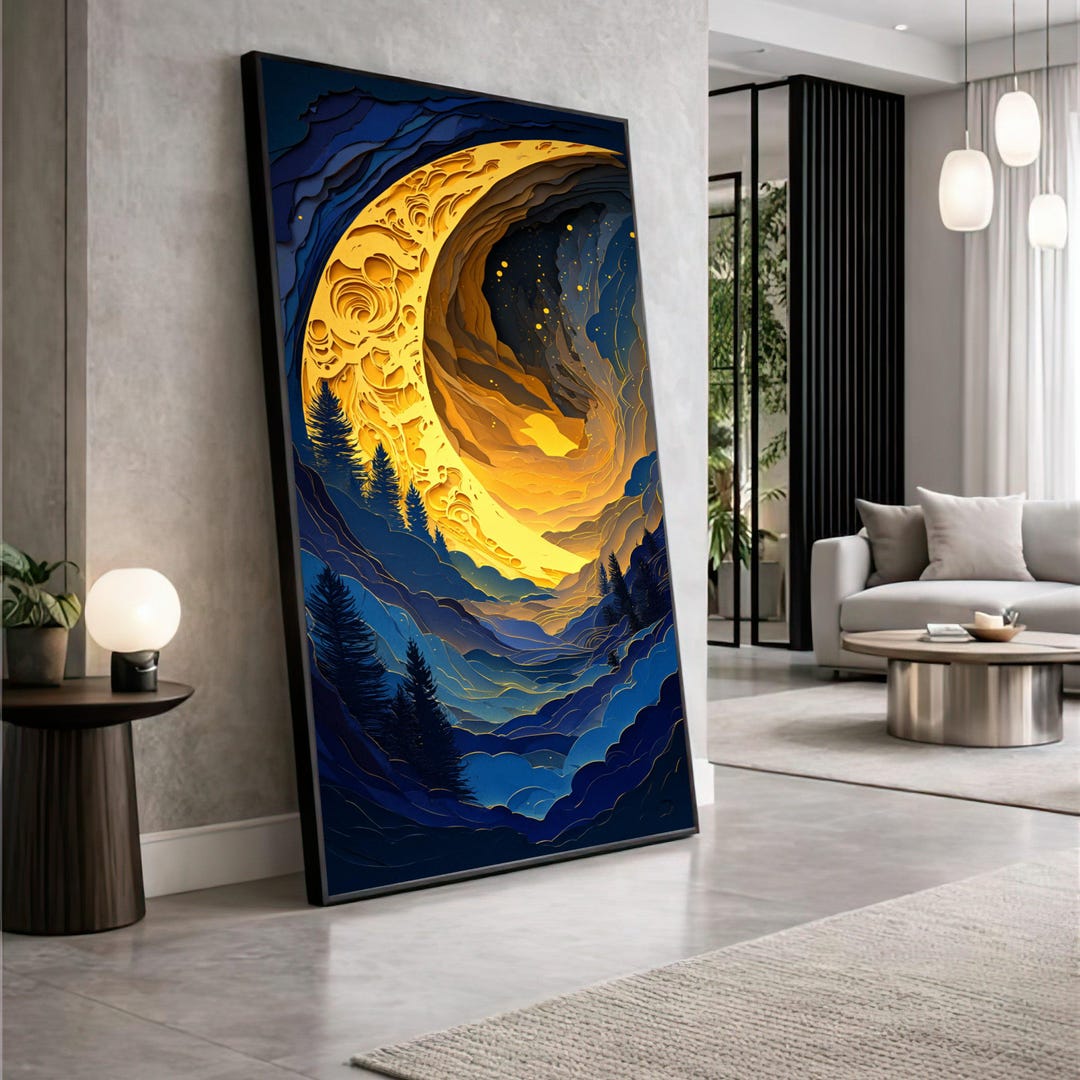 Illuminated Crescent Moon Canvas, Night Sky Wall Art, Mystical Forest ...