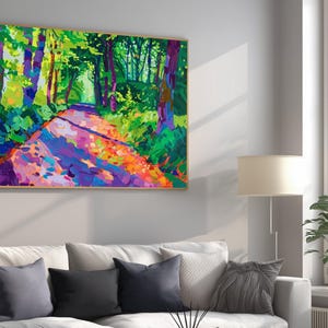 Cuadro de un colorido sendero forestal en lienzo, pintura de paisaje al estilo Hockney, decoración de bosque.