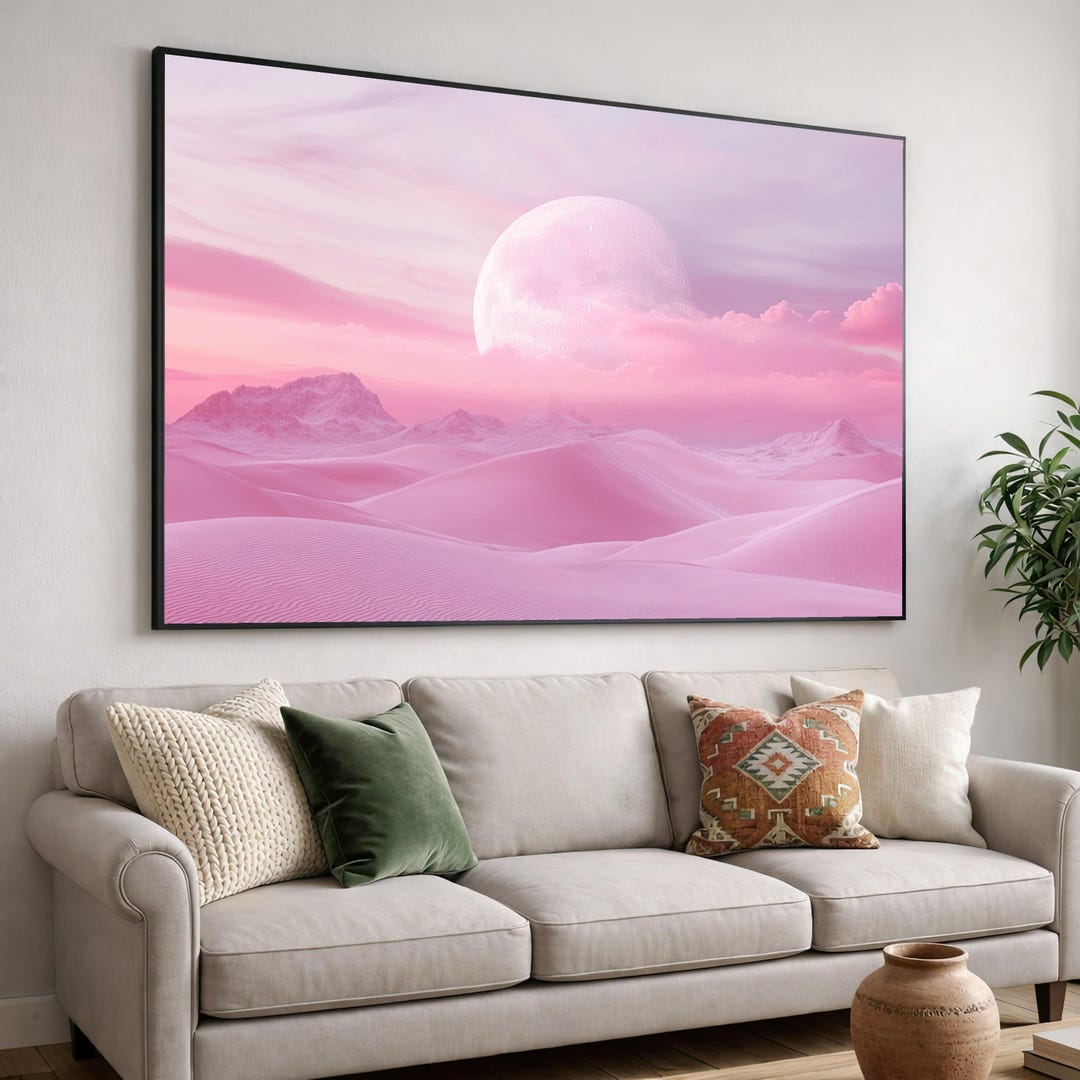 Dreamy Pink Desert Landscape Canvas Print, Surreal Moon Scene, Pastel ...