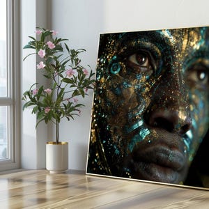 Canvaskunst futuristisch cybernetisch gezicht, abstract technologieportret, scifi-wanddecoratie