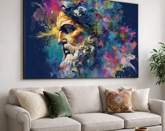 Odysseus mytologiska porträtt canvas, livfull färgstänk väggkonst, klassisk hjältekonst