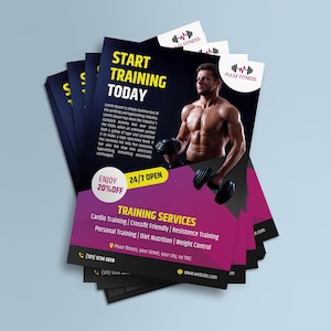 May include: A stack of flyers for Pulse Fitness, featuring a muscular man holding dumbbells. The flyers have a black, purple, and white color scheme with text that reads "Start Training Today" and "Training Services". Includes a 20% off promotion.