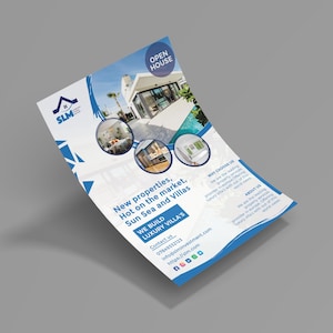 May include: A flyer with a blue and white design, featuring images of luxury villas and the text "New properties, Hot on the market, Sun Sea and Villas." The flyer also includes the text "OPEN HOUSE."