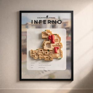 Gift for Counter Strike Fan, Inferno 3D Map Wall Art, CS2 Gaming Room Decor, Gamer Birthday Gift, Shadow Box Display
