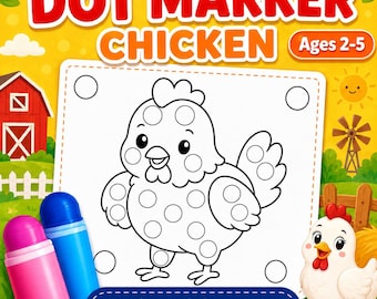 ニワトリのドットマーカープリント、農場の動物のドットワークシート、幼児の細かい運動能力を養うアクティビティPDF