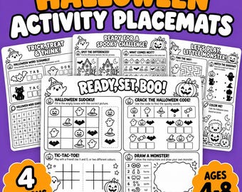 Halloween Activity Placemats Printable, 4 Kids Party Activity Mats, Halloween Games, Coloring Pages, Classroom Party Activities