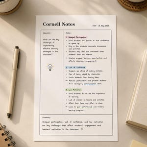 Könnte beinhalten: Ein Cornell-Notizen-Template mit dem Titel „Cornell Notes“ und dem Datum „15. Mai 2025“. Das Dokument umreißt die wichtigsten Herausforderungen im Klassenzimmer, darunter ungleiche Beteiligung, mangelndes Selbstvertrauen und geringe Motivation. Ein Stift, ein Notizbuch und eine Tasse sind ebenfalls sichtbar.