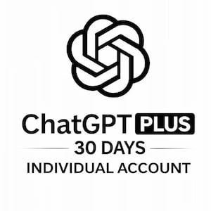 Puede incluir: Logotipo en blanco y negro de ChatGPT PLUS. El logotipo presenta un diseño abstracto entrelazado sobre el texto "ChatGPT PLUS". Debajo, el texto dice "30 DÍAS CUENTA INDIVIDUAL".