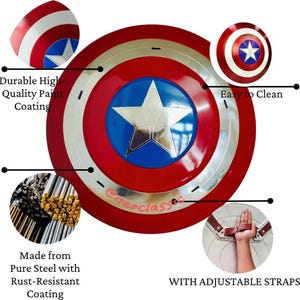 May include: A Captain America shield, featuring a red and white striped outer ring, a silver inner ring, and a blue center with a silver star. The shield has adjustable straps and is made of steel with a rust-resistant coating.
