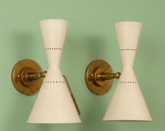 Mid-Century Modern Italian Hourglass Sconces – Brass Adjustable Wall Lamp Pair