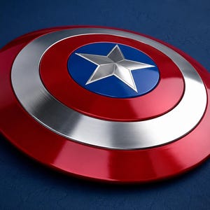 May include: A red, white, and blue shield with a silver star in the center. The shield has a circular design with a red outer ring, a silver middle ring, and a blue center with a silver star.