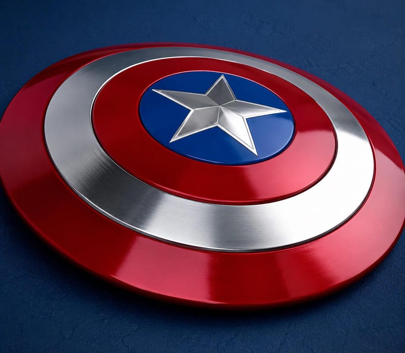 May include: A red, white, and blue shield with a silver star in the center. The shield has a circular design with a red outer ring, a silver middle ring, and a blue center with a silver star.