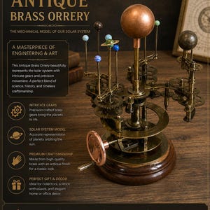 May include: An antique brass orrery featuring a large central copper-colored sun, multiple smaller planetary spheres on metal arms, and intricate brass gears mounted on a circular wooden base with a side-mounted hand crank for mechanical movement.