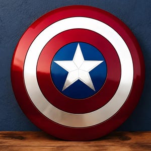 May include: A red, white, and blue shield with a white star in the center. The shield has a glossy finish and is resting on a wooden surface against a dark blue background. The shield is a replica of Captain America's shield.