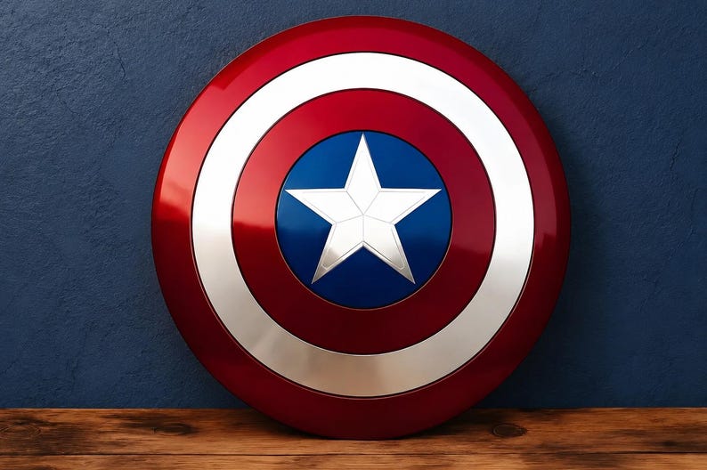 May include: A red, white, and blue shield with a white star in the center. The shield has a glossy finish and is resting on a wooden surface against a dark blue background. The shield is a replica of Captain America's shield.
