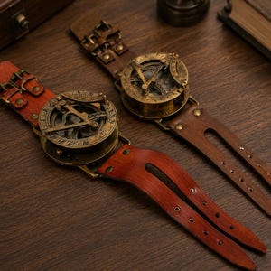 May include: Two sundial watches featuring circular brass dials with engraved Roman numerals and central gnomons. Each watch is attached to a wide, split-strap leather band with double metal buckles and rivets, one in a reddish-brown and one in dark brown.