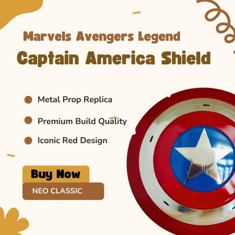 May include: A Captain America shield prop replica with a red, white, and blue design. The shield features a central blue circle with a white star, surrounded by a silver border and red outer ring. The text "Marvels Avengers Legend Captain America Shield" is displayed.