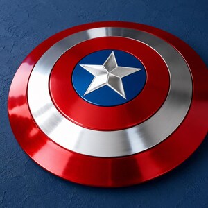 May include: A round shield with a red, silver, and blue color scheme. The shield features a central blue circle with a silver five-pointed star, surrounded by a silver ring and a red outer ring.