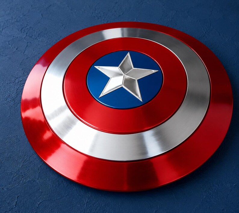 May include: A round shield with a red, silver, and blue color scheme. The shield features a central blue circle with a silver five-pointed star, surrounded by a silver ring and a red outer ring.