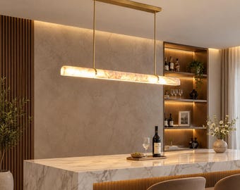 Handmade Alabaster Linear Pendant Light, Brushed Brass Kitchen Island Chandelier