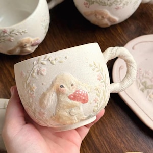 Hand-Painted Ceramic Bunny Mug, Whimsical Cottagecore Floral Pottery Cup