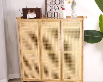 Bamboo Shoe Cabinet 42 in Tall Large Accent Shoe Rack with 3 Doors & Side Hooks