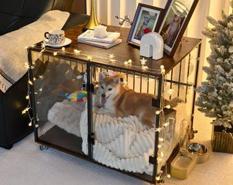 Tempered Glass Dog Cage End Table with Wheels – Furniture Style Kennel Crate
