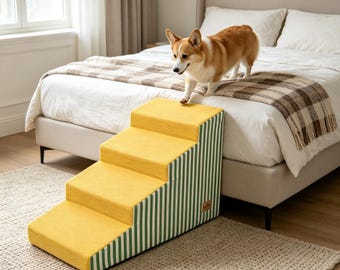 High-Density Foam Pet Stairs: Gentle Slope, Removable Washable Cover, Yellow Stripes