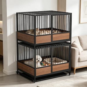 May include: A two-tiered pet crate with a black metal frame and wooden accents. The top level houses several cats, while the bottom level contains a small dog with toys. The crate is on wheels, designed for indoor use.