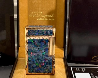 Seltene Vintage S.T. Dupont Line 1 Großes vergoldetes Opalmosaik-Inlay-Feuerzeug