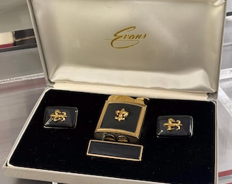 Vintage Evans Feuerzeug Set Gold Schwarz Fleur De Lis Mit Manschettenknöpfe Krawattenklammer Box
