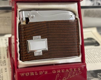 Encendedor de gasolina Ronson Adonis vintage, color marrón piel de lagarto cromado