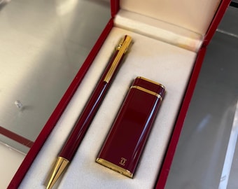 Vintage Cartier Burgundy Lacquer Lighter & Ballpoint Pen Set