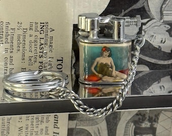 Vintage Japanese Mini Petrol Lighter Double Sided Pin-Up Lady Keychain Working