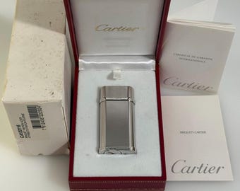 Vintage Cartier Steel Finish Platinum Trim Lighter NOS W/ Box & Papers