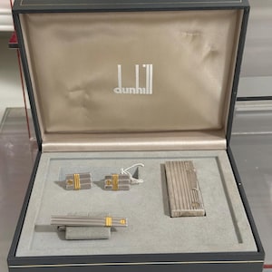 Vintage Dunhill Silver-Plated Vertical Line Lighter with Matching Accessories