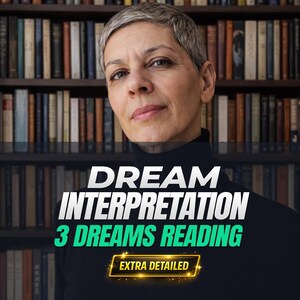May include: A woman with short gray hair and a black turtleneck is centered in front of a bookshelf. The text "DREAM INTERPRETATION 3 DREAMS READING" is displayed in white and green, with "EXTRA DETAILED" in a gold banner.