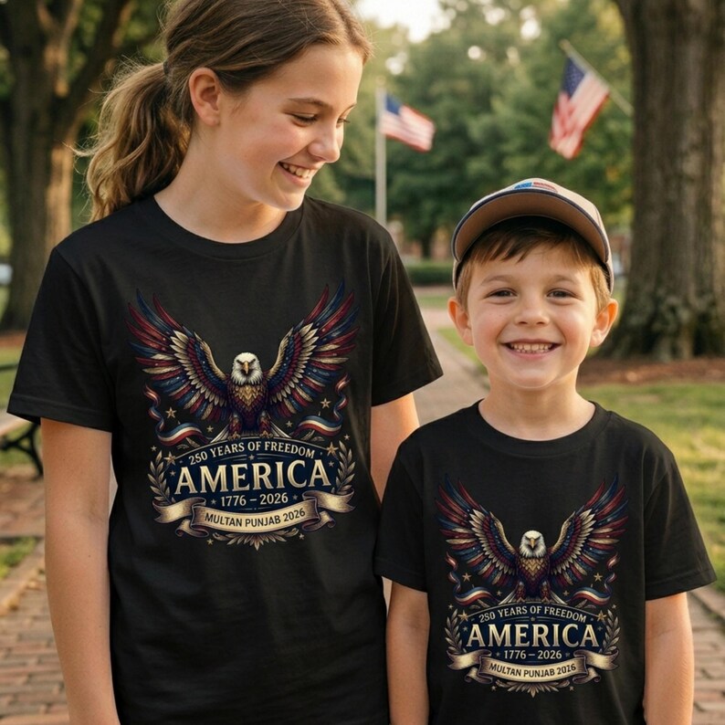 May include: Two black t-shirts featuring a graphic of a bald eagle with red, white, and blue wings. The text reads 250 YEARS OF FREEDOM AMERICA 1776-2026 MULTAN PUNJAB 2026. The design includes a banner and stars, centered on the chest of each shirt.