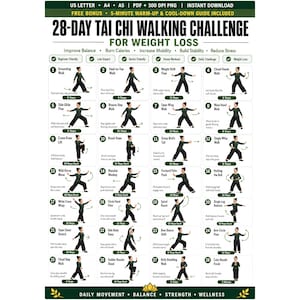 Puede incluir: Un gráfico de desafío de caminata de Tai Chi de 28 días para perder peso, con 28 ilustraciones numeradas de una persona con ropa oscura realizando varios movimientos. El documento incluye encabezados, descripciones y conteos de repeticiones.