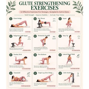 Puede incluir: Un gráfico instructivo titulado Glute Strengthening Exercises que presenta 12 ilustraciones numeradas de una persona con ropa deportiva rosa realizando varios movimientos como puentes de glúteos, sentadillas y estocadas con instrucciones.