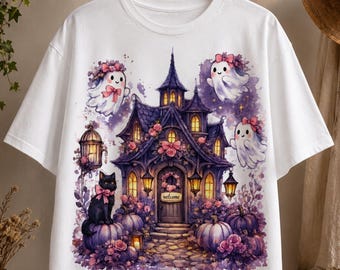Girly Haunted House PNG, Trendy Spooky Season Shirt Design, Brushstroke Halloween Sublimation, Floral Fall PNG, Popular Now