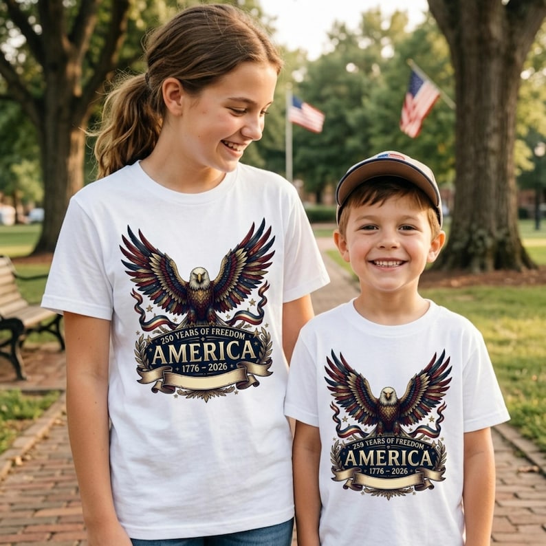 May include: Two white t-shirts featuring a graphic of a bald eagle with spread wings above a banner. The text reads 250 YEARS OF FREEDOM AMERICA 1776-2026. The eagle is rendered in red, white, and blue, with stars and stripes elements integrated.