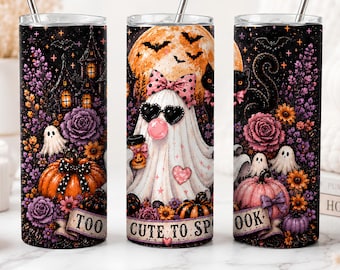 Ghost Face Halloween Tumbler Wrap PNG, Just Waiting For Halloween, Birth Flower Tumbler Design, 20 Oz Skinny Sublimation Download