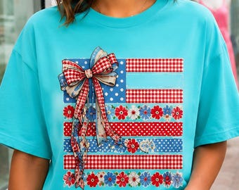 Coquette American Flag PNG, America 250 Anniversary, 250 Year Freedom Bow, Patriotic Ditsy Floral Checkered USA Retro Brushstroke 4th July